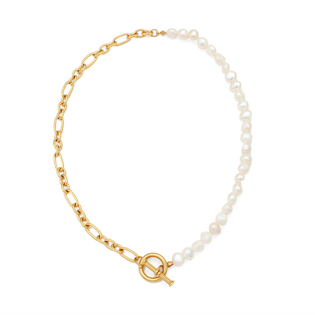 INS Trendy Stainless Steel Jewelry Half Pearl Half Chain Womens Jewelry Natural Freshwater Pearl Choker Baroque Pearl Necklace