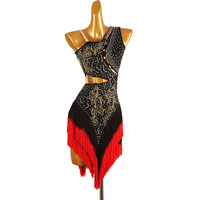 Robe de danse courte à col en V, bretelles spaghetti, dégradé de couleurs à sequins, avec franges, pour la danse latine, performance et compétition