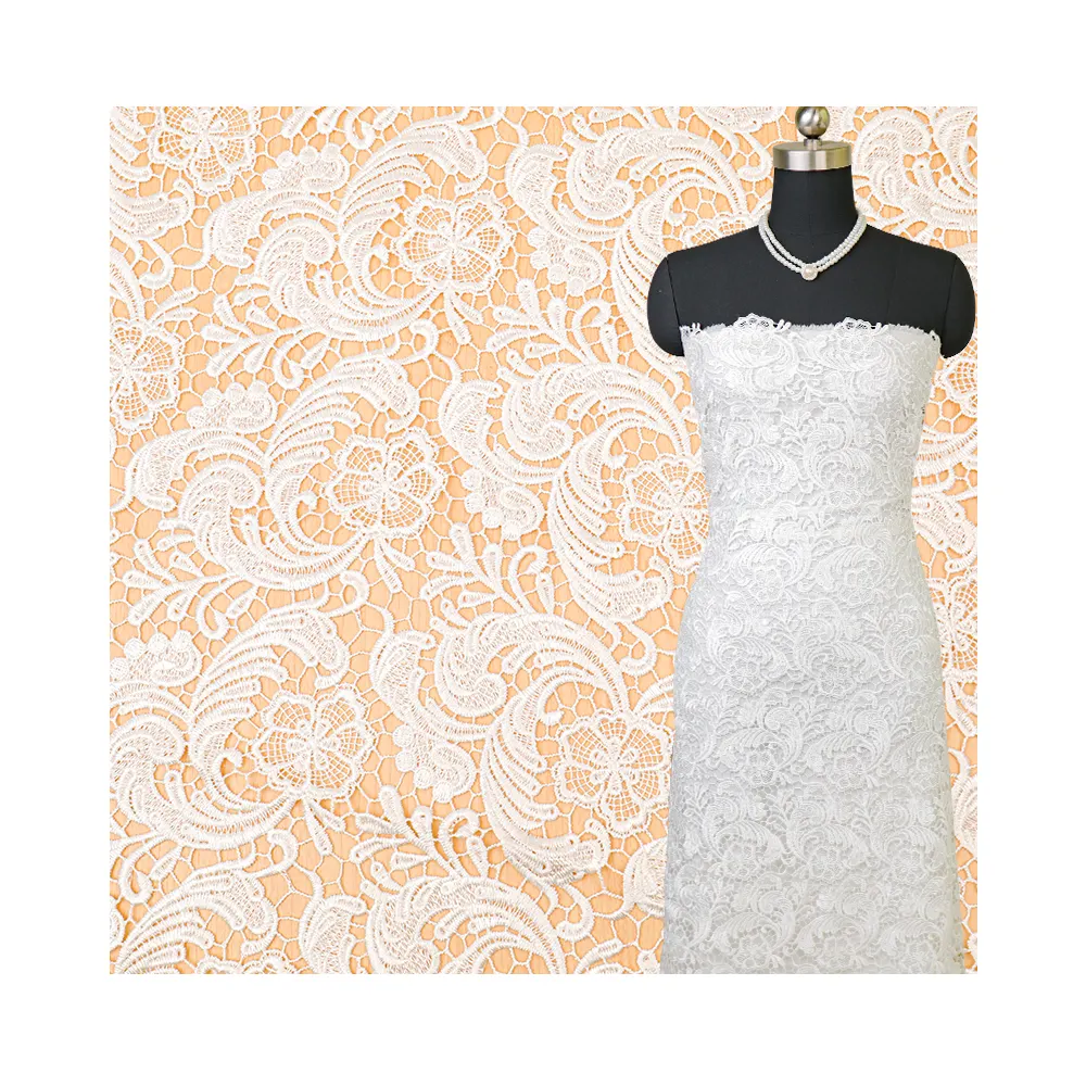 Diseño novedoso moderno, tela de encaje a buen precio, tela de encaje de guipur de algodón blanco de lujo para encaje bordado soluble en agua nupcial