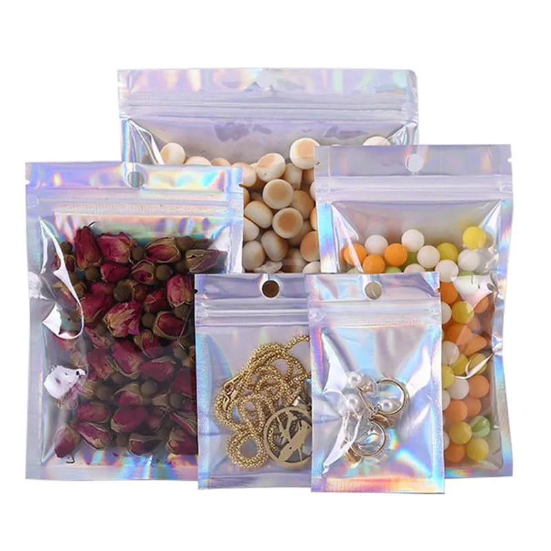 Bolsa de embalaje con cremallera holográfica de 100 Uds., bolsa de comida transparente de un solo lado con película de poliéster láser arcoíris