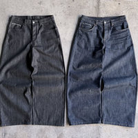 Jeans en denim de coton lourd personnalisé, style rétro Y2k, coupe droite ample, effet délavé à l'acide, fermeture à boutons, vintage