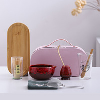 Ensemble complet de cérémonie du thé japonais portable pour les voyages, avec bol en céramique imprimé en soie, fouet en bambou, tamis, coffret cadeau