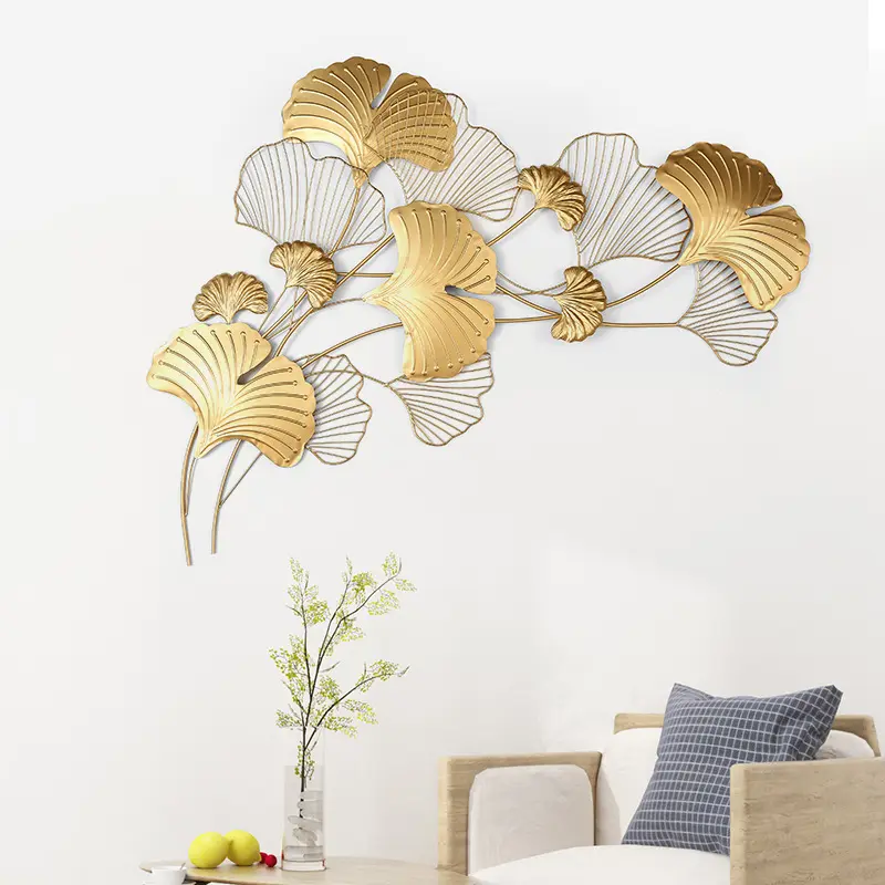 Decoração de parede de folhas ginkgo, fonte europeia, arte de ferro, decoração de casa, hotel, sala de estar, decoração de parede