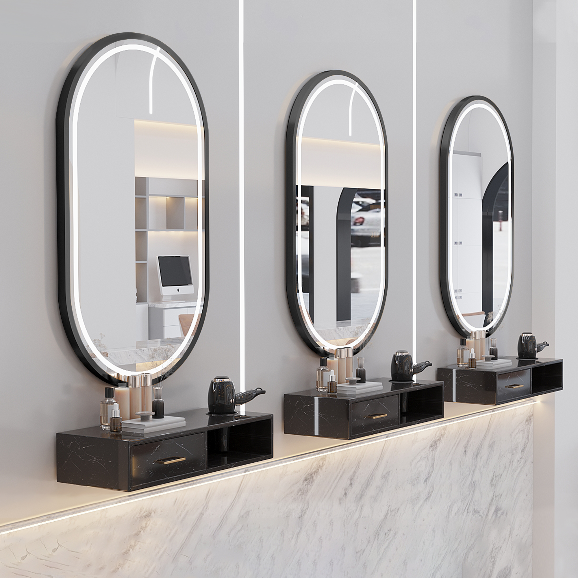 Black-framed oval + black wall cabinet