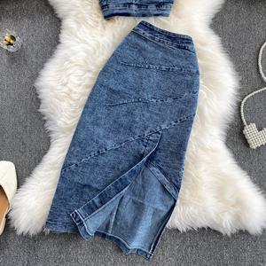 Niche Denim Conjunto de <span class=keywords><strong>2</strong></span> piezas <span class=keywords><strong>2020</strong></span> Nueva llegada Chaleco de mujer <span class=keywords><strong>Top</strong></span> corto Cintura alta Adelgazante Inteligente Split Midi Falda - Product Image 3
