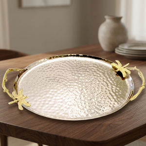 Painted Stainless Steel Hammered Round <b>Tray</b> with Brass Handles Food Contact Safe - Product Image 2