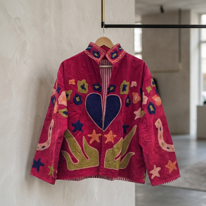 Hand Embroidered Corduroy <b>Jacket</b> With Heart Star Patchwork <b>Mandarin</b> <b>Collar</b> Full Sleeve Autumn Women's Prairie Chic Style - Product Image 2