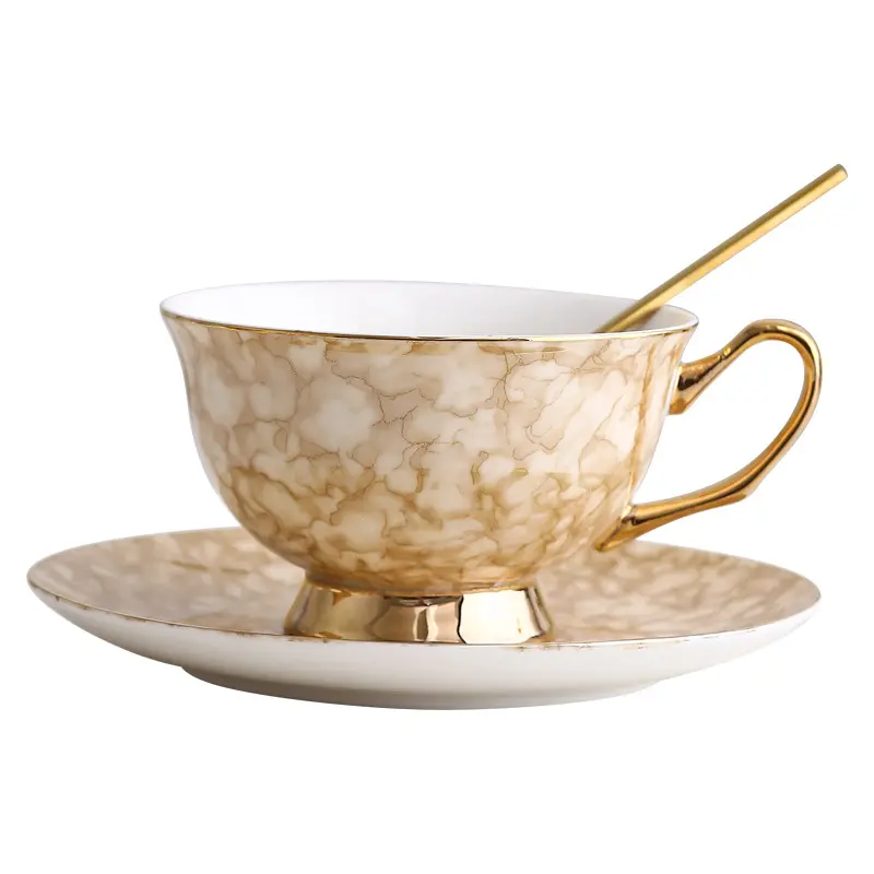 طقم قهوة شاي بورسلين مودرن ذهبية بأجزاء عظمية جديدة من الصين أكواب شاي كبيرة الحجم بأزهار