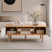 Table basse minimaliste avec rangement, table de salon moderne en bois avec armoires et étagères ouvertes