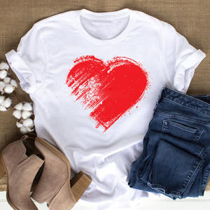 Venta al por mayor de verano de alta calidad de moda todo tipo de amor pluma de impresión suelta camiseta O cuello señoras Casual deportes camiseta - Product Image 5