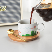 Service à café et thé en porcelaine style chinois avec motif lotus et poisson koi, soucoupe en bois, cuillère dorée, qualité alimentaire, écologique, design personnalisable