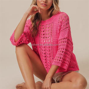 Haut en tricot ajouré au crochet pour <span class=keywords><strong>femme</strong></span>, col rond, ample, style plage, personnalisé, grande taille, <span class=keywords><strong>pull</strong></span> décontracté - Product Image 1