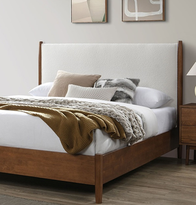 Walnut Color <b>Panel</b> <b>Headboard</b> Beige Upholstered 1pc Full Size Adjustable Convertible Bed Oak Mattress Ready Modern Style - Product Image 3