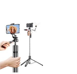 Treppiede in alluminio Mini tre in uno per cellulare e Selfie Stick regolabile telecomando Wireless pieghevole girevole - Product Image 1