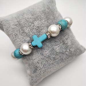 Pearl And Turquoise Beaded <b>Bracelet</b> Cross Design Imitation Pearl Unisex Gift Jewelry - Product Image 4