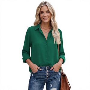 Blusa Elegante de Satén Verde, Sencilla, Transpirable, con Botones y Cuello Camisero, Manga Larga para Mujer, Ropa Casual de Oficina - Product Image 2