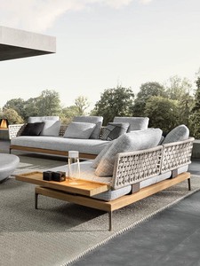 Custom Teak Wood Outdoor Patio <b>Sofa</b> Set, Waterproof Sunproof <b>Rattan</b> Wicker Garden Furniture Lounge <b>Sofa</b> with Coffee Table - Product Image 1