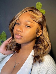 Perruque Bob en Cheveux Humains Remy Blond Miel avec Mèches, Transparente Sans Colle 13x4 5x5 <span class=keywords><strong>pour</strong></span> Ondulations Naturelles et Frange Rideau Pré-Plumée - Product Image 3