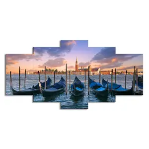 5 Panels Blue Boat Sea View Poster Picture Seaside City Sunset Landscape Modern Canvas Print Art For Dinning Room Decoration