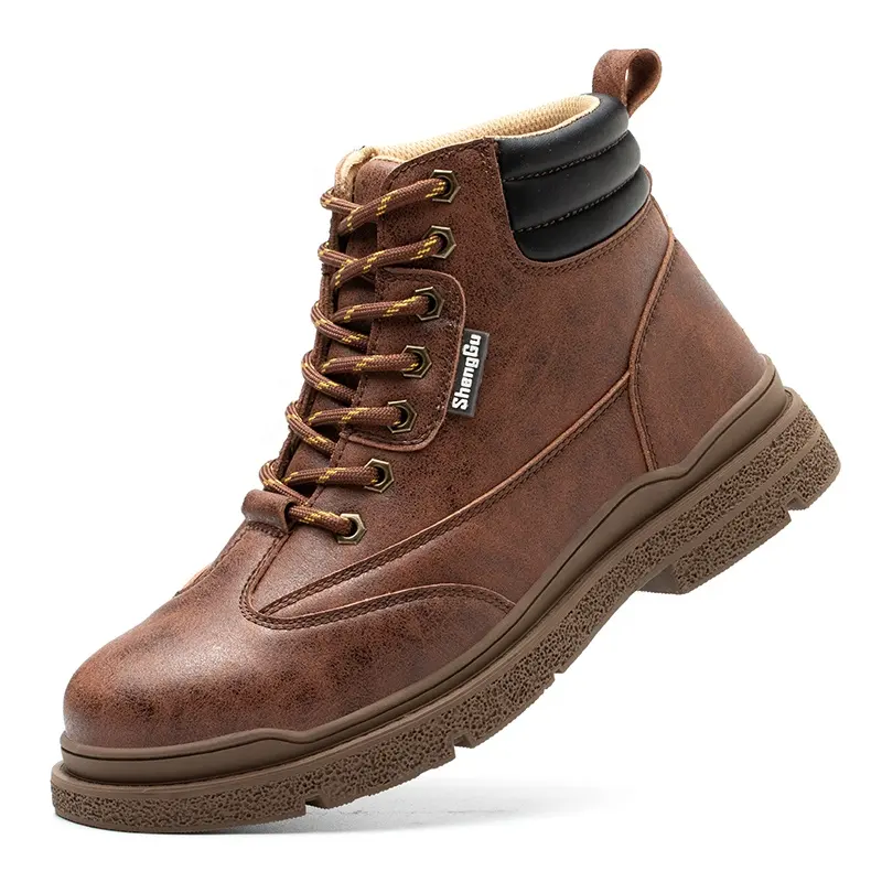 Brown men's industrial labor protection function shoes with anti-smashing steel toe