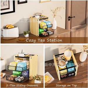 Estante de almacenamiento de madera para bolsas de té y café, organizador de cajones de cocina con cestas de metal, diseño de múltiples capas - Product Image 3