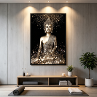 Toile murale verticale avec portrait de Bouddha doré brillant, impression numérique sur fond noir, effet lumineux scintillant, religieux, zen