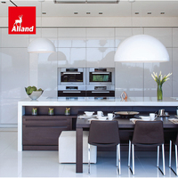 Armoires de cuisine Alland de style moderne modulaire en bois, blanc et gris, avec îlot, finition laquée brillante longue et luxueuse