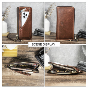 Cartera de Cuero de Grano Completo Aceitado para <span class=keywords><strong>Hombre</strong></span>, con Bloqueo RFID, Cierre de Cremallera, Diseño de Bolsillo para Jeans, Gran Capacidad, Compatible con Teléfonos de 6.9 Pulgadas - Product Image 3