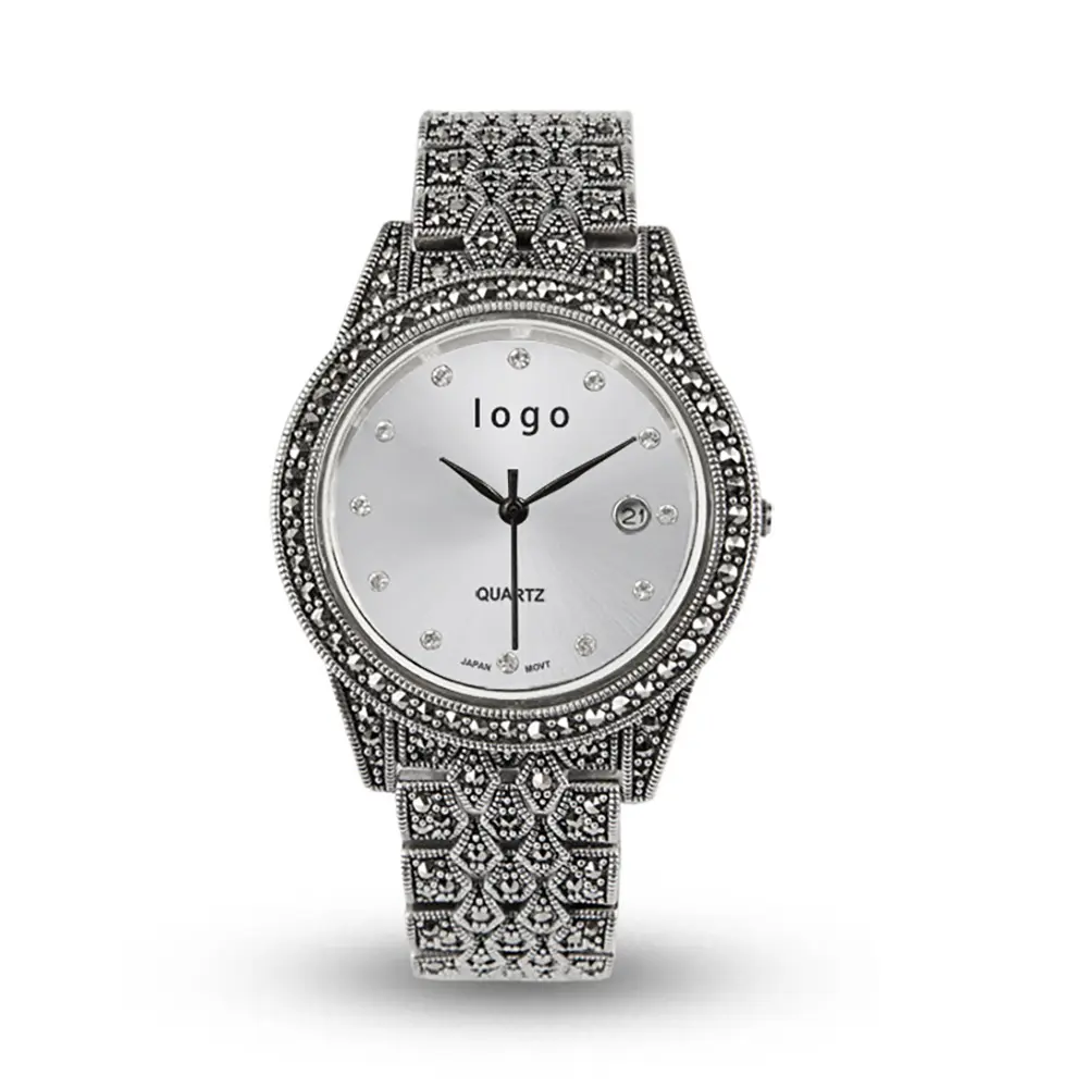 Оптовая продажа, брендовые 925 с логотипом и марказитовыми бриллиантами, кварцевые женские часы из стерлингового серебра