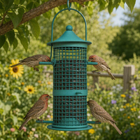 Mangeoire à oiseaux en tube métallique vert avec toit dôme, plusieurs perchoirs, réservoir de graines, poignée de suspension, écologique et résistant à la rouille pour
