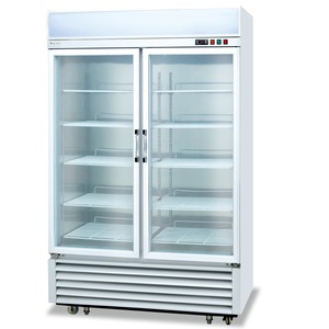 Réfrigérateur-congélateur commercial à air forcé, à température unique, avec double porte vitrée, dégivrage automatique, cinq étagères, en acier inoxydable - Product Image 1