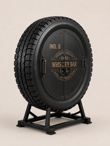 Meuble de bar industriel vintage rustique en forme de pneu, avec casier à bouteilles et porte-verres, pour salon et cave à whisky à domicile - Product Image 2