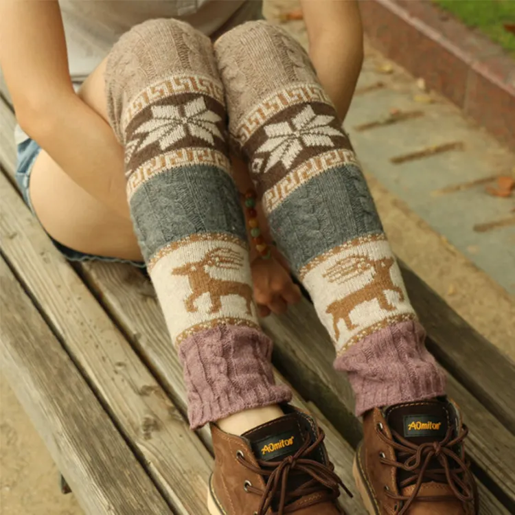 Women Girls Bohemian Christmas Leg Warmer Winter Fashion Boho Knitted Warm Boot Thigh High Socks