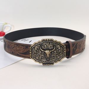 Ceinture pour hommes style denim occidental transfrontalier ceinture vintage tête de taureau de luxe boucle en alliage à la mode en cuir PU gaufré taille personnalisable - Product Image 3