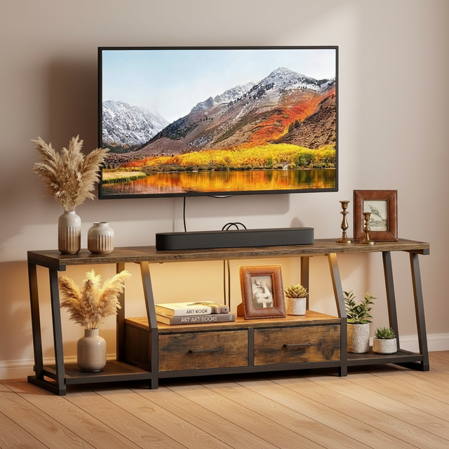 Wood TV Stand 75 Inch Entertainment Center Open Shelves Power Outlets Fabric Drawers for Living Room