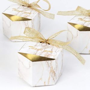 <strong>Marble</strong> Wedding Party Favor Boxes Gold Candy Boxes Hexagonal <strong>Chocolate</strong> Treat Gift Boxes with Ribbons for Bridal Baby Shower - Product Image 1