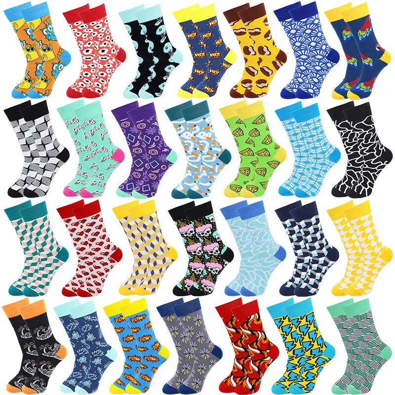 Wholesale Men's New Fashionable Colorful Flower Letters Geometric Heart Plaid Happy Funny Crew Socks for Men