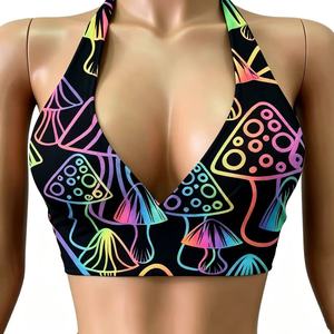 Ensemble deux pièces haut licou et <span class=keywords><strong>jupe</strong></span> motif champignon néon UV, réactif aux UV, tenue pour femme pour festivals et soirées rave - Product Image 2