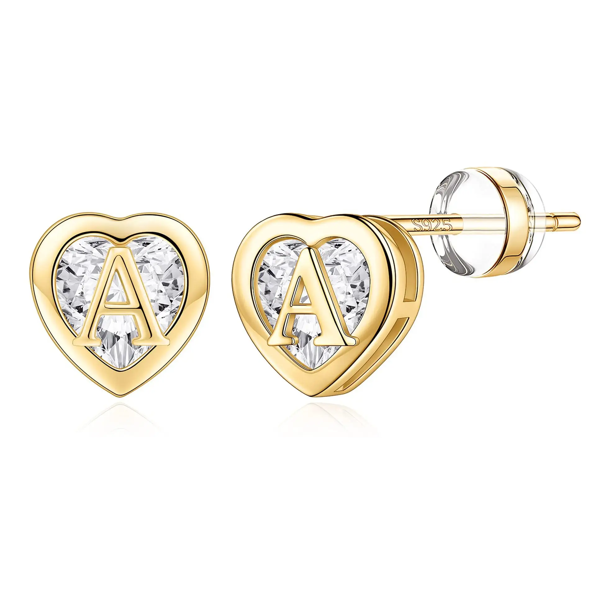 925 Sterling Silver Studs Hypoallergenic Earrings CZ Heart Initial Earrings 14K Real Gold Plated Earrings