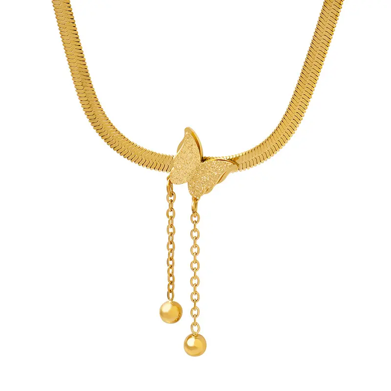 Élégant tempérament personnalité bijoux serpent chaîne collier 18K plaqué or papillon gland boule en acier pendentif collier
