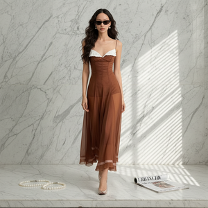 <span class=keywords><strong>Robe</strong></span> longue élégante et luxueuse pour femme, style décontracté, bretelles spaghetti, couleurs contrastées, collection été 2026, idéale pour la plage - Product Image 1