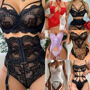 Conjunto de lencería sexy transpirable para mujer con tirantes de encaje de malla, lazo y control de luz, bordado 3D, venta al por mayor, novedad - Product Image 5