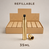 Flacon pulvérisateur de parfum vide en métal doré de 35 ml, atomiseur rechargeable avec capuchon doré, vente en gros, boîte de présentation de 480 unités, logo personnalisé