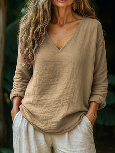 Nuova Collezione Estiva: <span class=keywords><strong>T</strong></span>-<span class=keywords><strong>Shirt</strong></span> Casual da <span class=keywords><strong>Donna</strong></span> con Scollo a V, Maniche Lunghe <span class=keywords><strong>in</strong></span> <span class=keywords><strong>Lino</strong></span>/Cotone/Poliestere, Vestibilità Comoda, Personalizzabile - Product Image 3