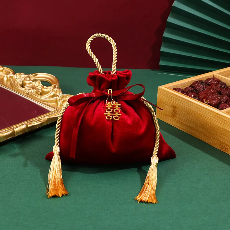 Sacchetto per imballaggio di gioielli sacchetto per regalo in velluto stampato sacchetti di raso setoso sacchetti con coulisse in raso perla da sposa con doppia felicità