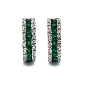 Boucles d'oreilles créoles classiques de haute qualité en or blanc 18 carats avec émeraude et diamant pour femme, cadeau de mariage et de fête - Product Image 1