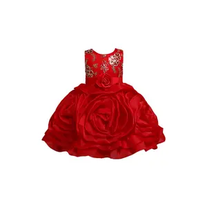 Enfant jolie col rond rouge fleur filles robes pour enfants coton multi-couches sans manches filles robes d'anniversaire 3-12 ans