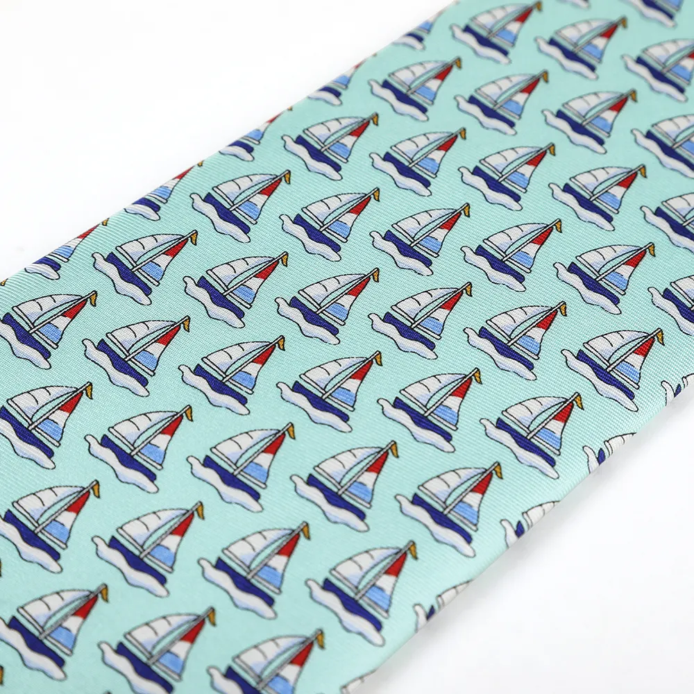 Green 100% Handmade Silk Print Necktie Nautical Sailboat Pattern Male Tie Wool Blend Lining Neckties