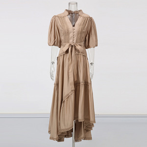 Abiti <span class=keywords><strong>lunghi</strong></span> semplici in tinta unita francese 2025 nuovo scollo a V con maniche a sbuffo in vita abito irregolare da donna - Product Image 5