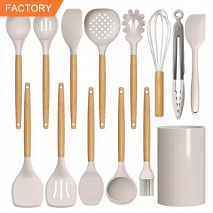 Đa phong cách Silicone đồ dùng nhà bếp thiết lập với tay cầm bằng gỗ chịu nhiệt Silicone đồ nấu nướng nấu ăn Công cụ thiết lập lưu trữ xô - Product Image 3